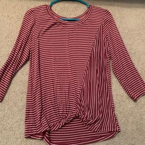 maroon and white striped shirt with knot
